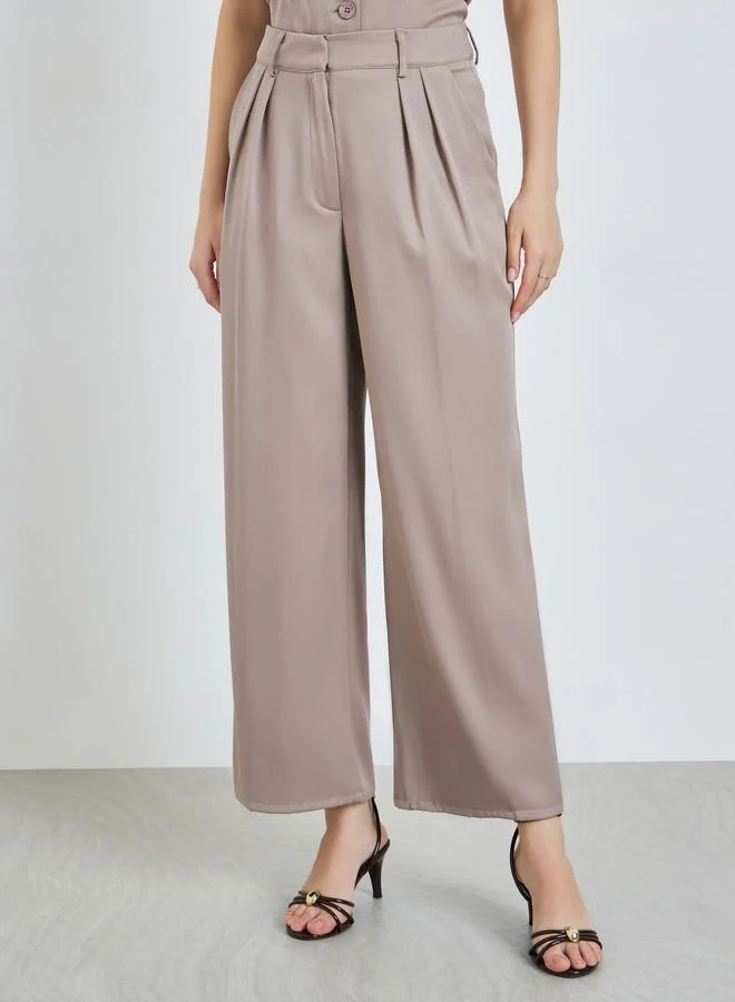 Styli Women Beige Fold Pleat Wide Leg Trousers